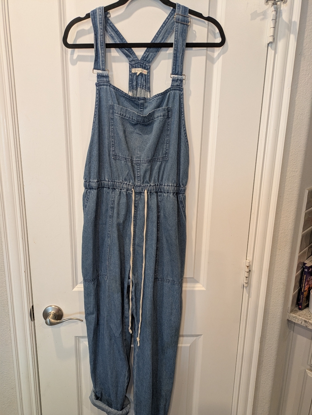 LE LIS Denim Overalls Jumpsuit Small Adjustable Straps Cinch Waist Casual
